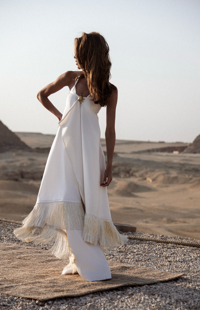 Creme Wrap Fringe Dress