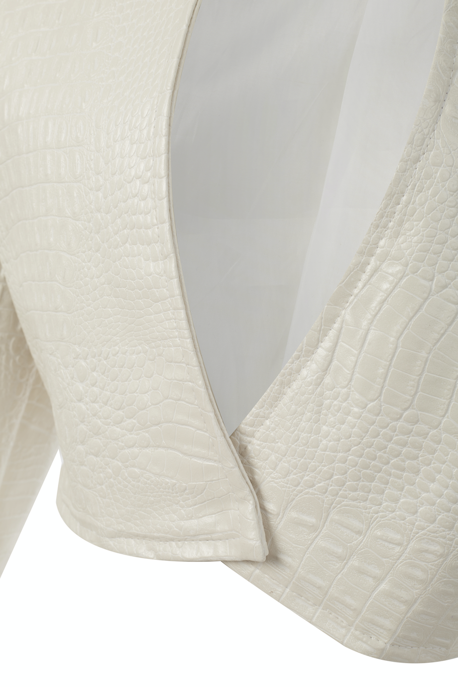 Pearl white faux crocodile leather blazer with a high neck collar and front cut out.
