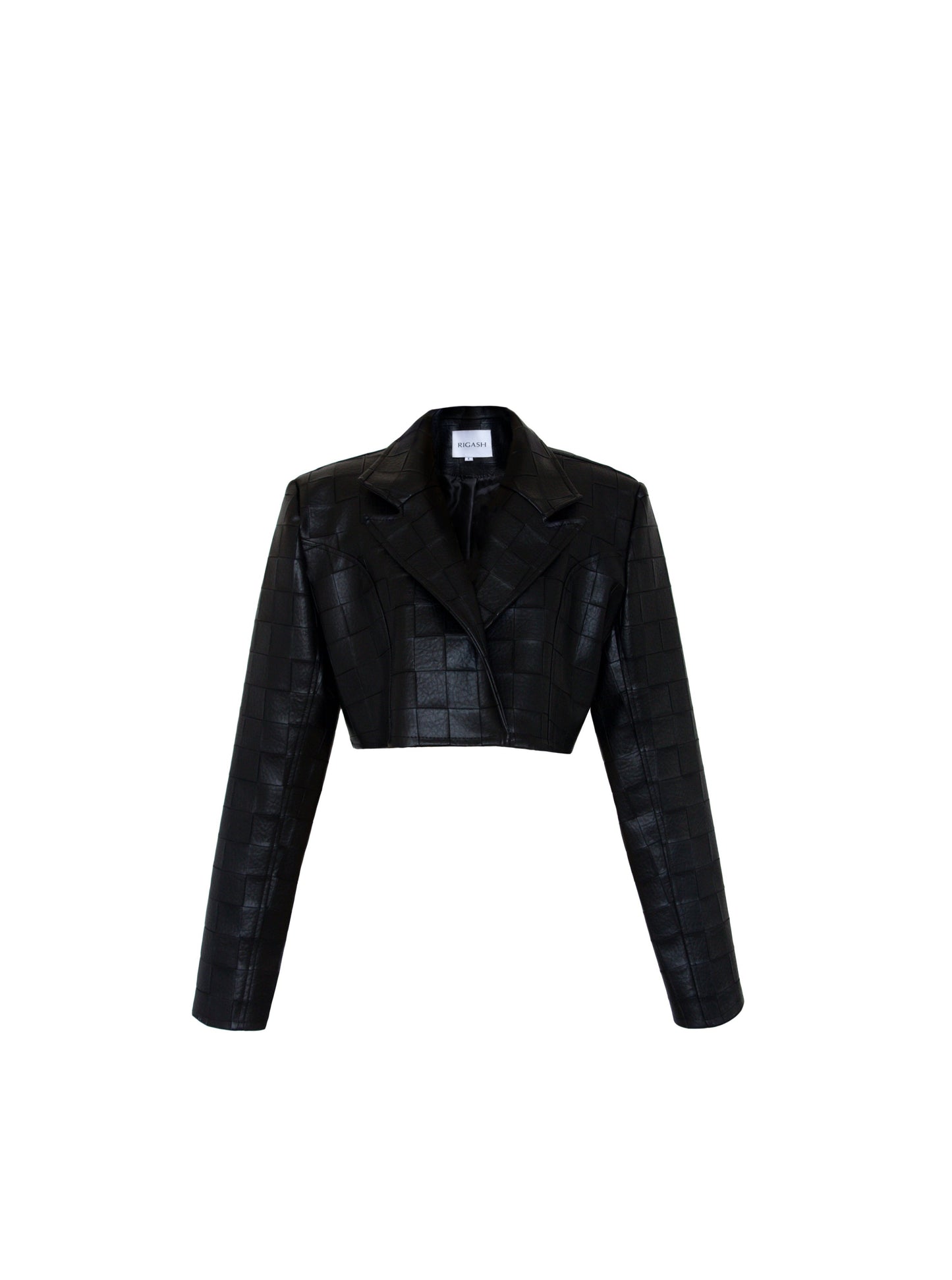 Black checkered embossed cropped leather blazer.