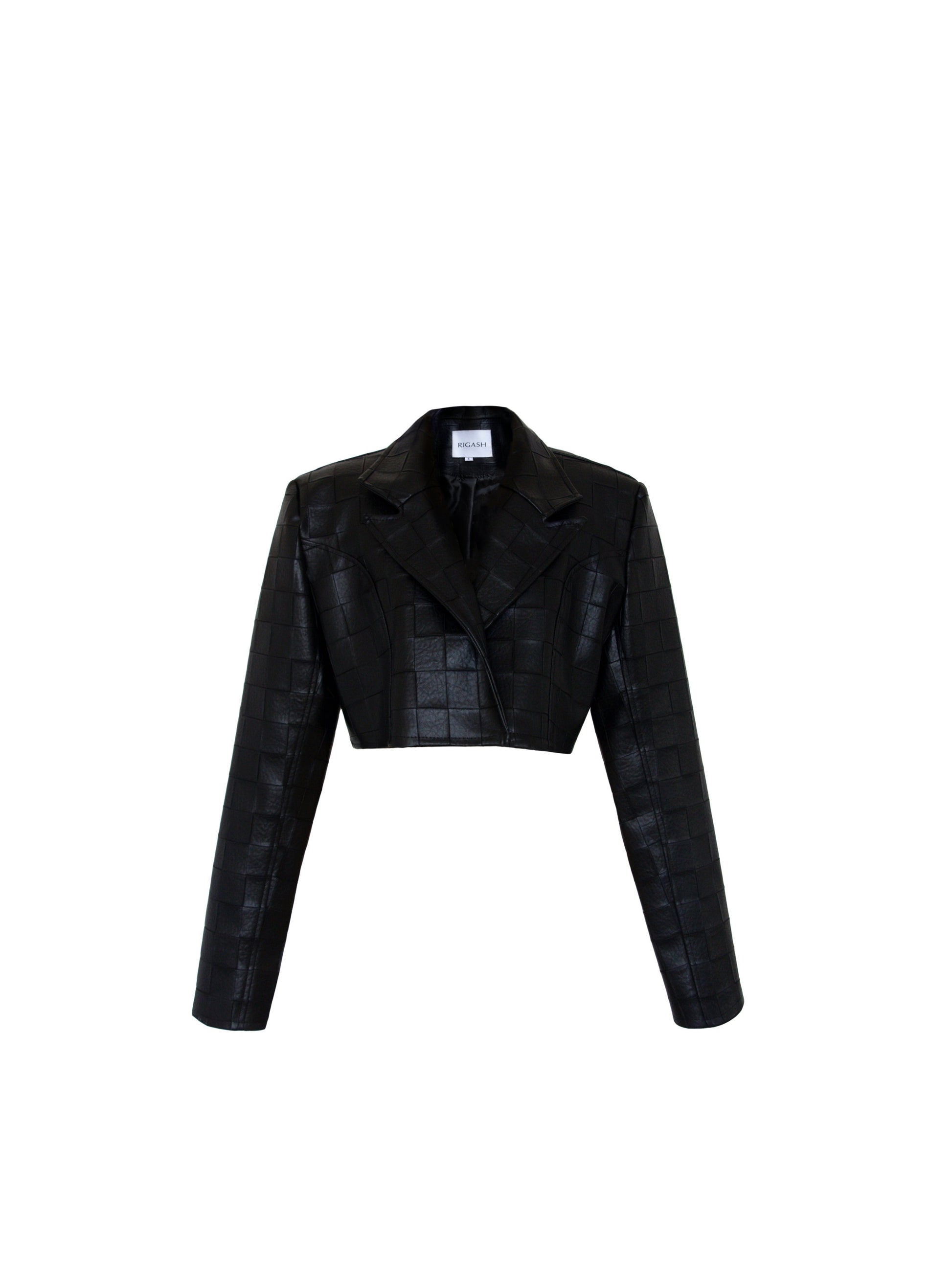 Black checkered embossed cropped leather blazer.