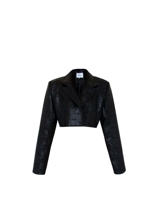 Black checkered embossed cropped leather blazer.