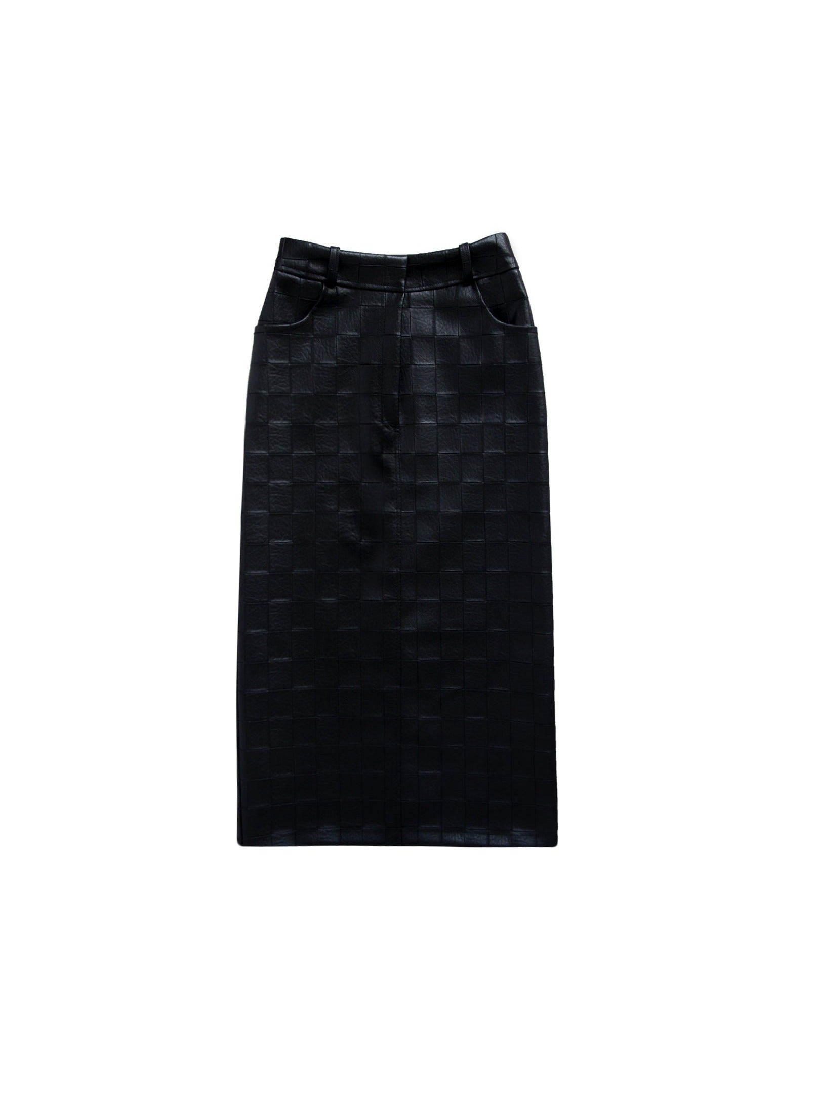 Black check embossed leather pencil skirt.