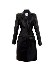 Black Fitted leather coat with exaggerated shoulders. Midi Length