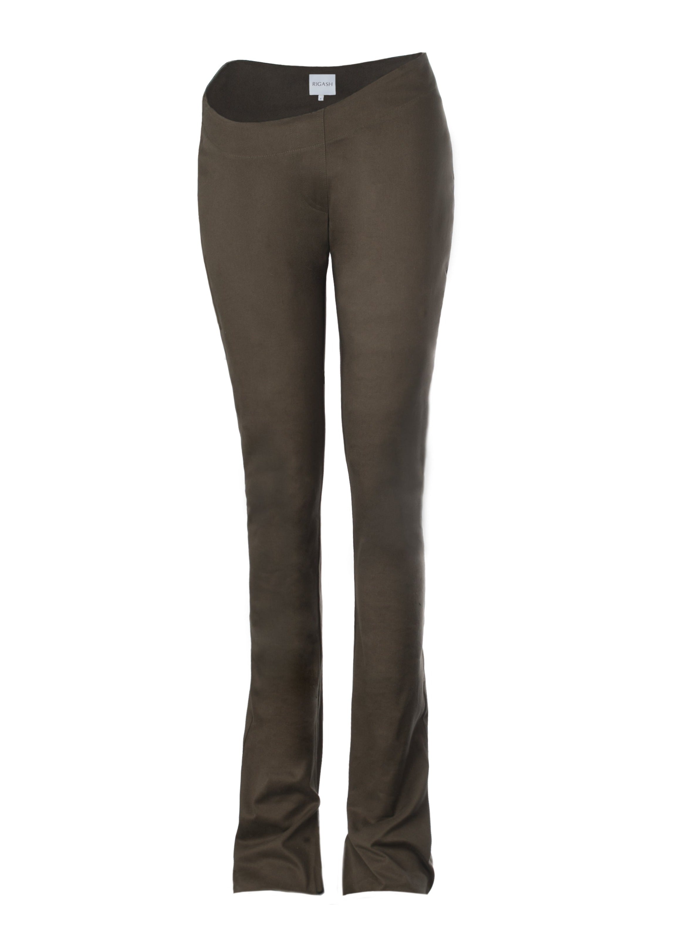 Asymmetrical low waist kick-flare trousers in olive green cotton gabardine. Inseam slit with zip fastening.