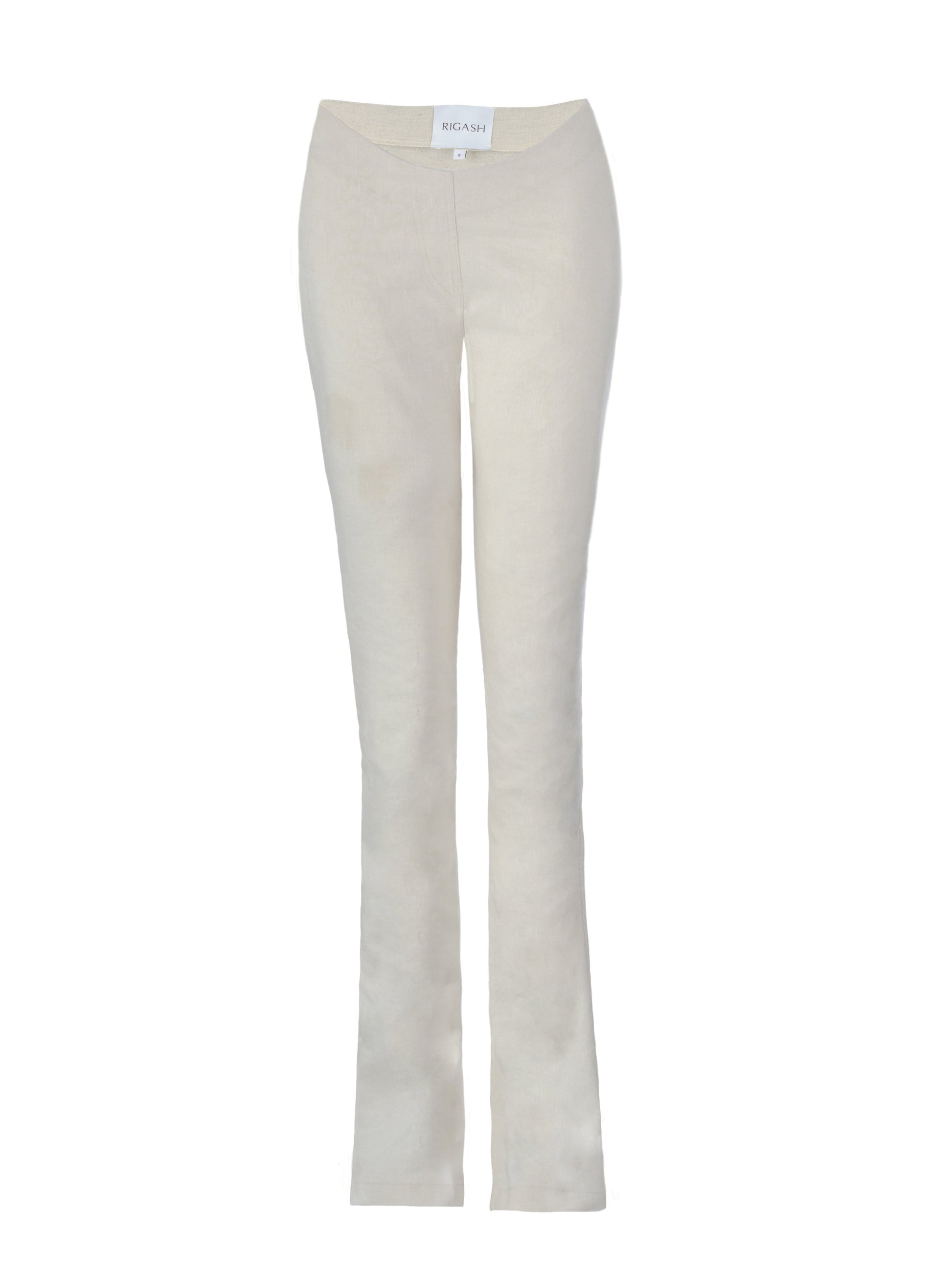 Dipped low waist kick-flare trousers in nude linen. Inseam slit with zip fastening.