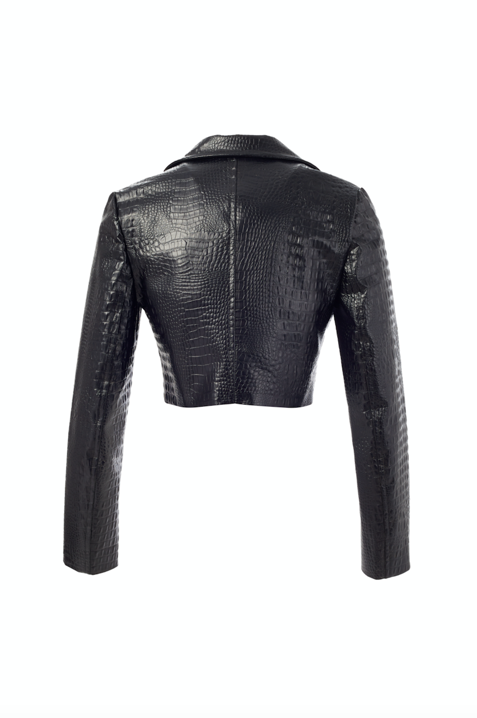 Black faux crocodile leather blazer with front seams. 