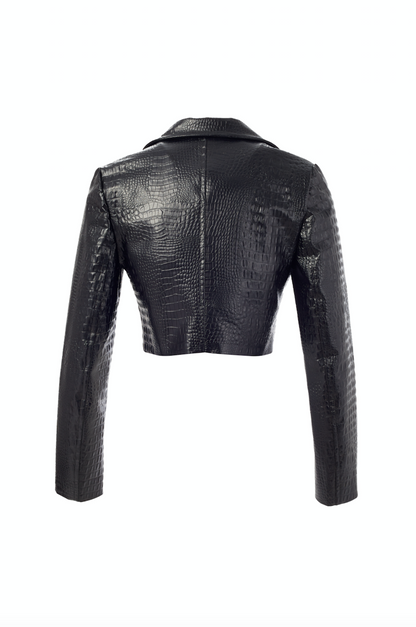 Black faux crocodile leather blazer with front seams. 