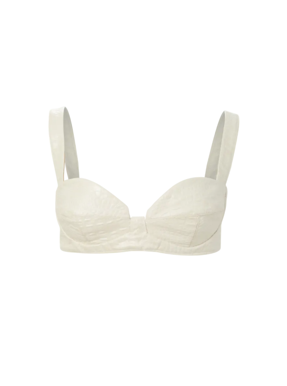 Pearl white faux crocodile leather bralette with a hook and eye closure.  rigash