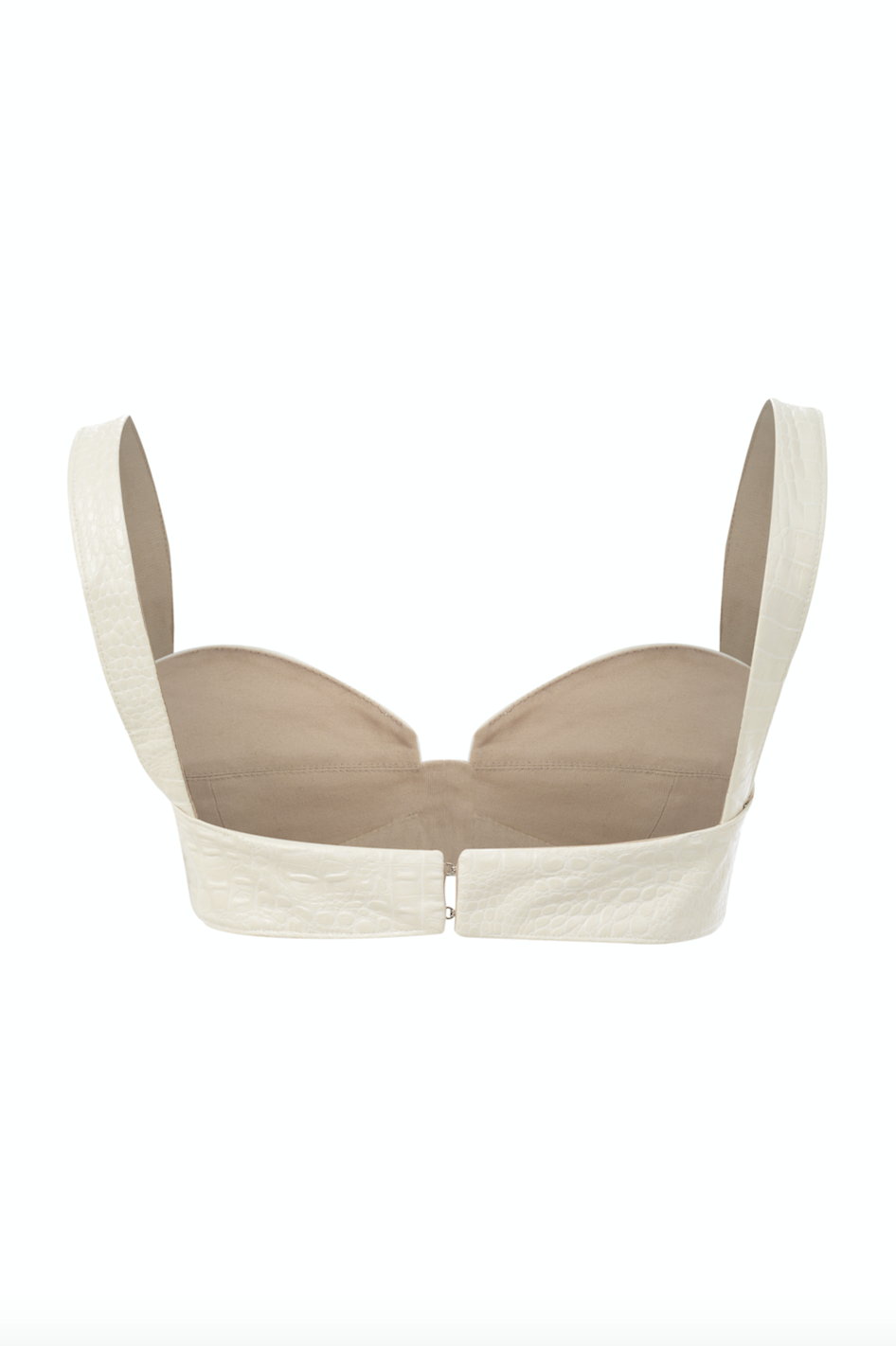 Pearl white faux crocodile leather bralette with a hook and eye closure.  