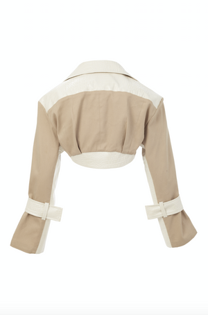 Cropped blazer made with pearl white faux crocodile leather and nude gabardine.