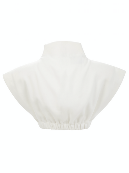 High neck cropped top with structured shoulders in white fleece.  