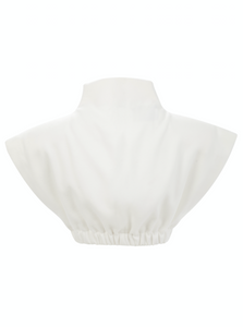 High neck cropped top with structured shoulders in white fleece.  