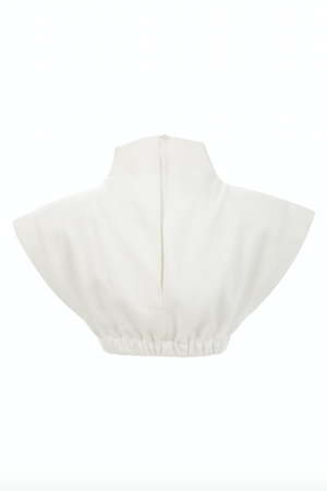 High neck cropped top with structured shoulders in white fleece.  