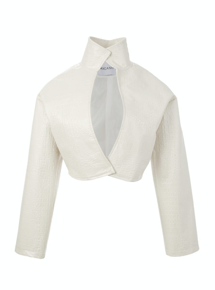Pearl white faux crocodile leather blazer with a high neck collar and front cut out. rigash