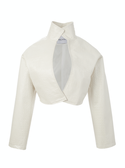 Pearl white faux crocodile leather blazer with a high neck collar and front cut out. rigash