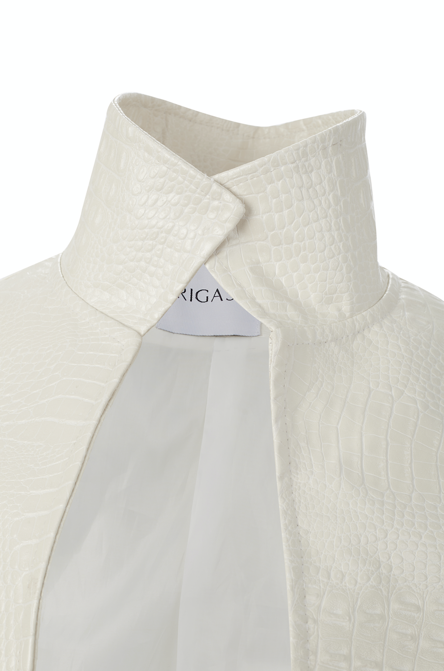 Pearl white faux crocodile leather blazer with a high neck collar and front cut out. rigash