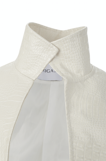 Pearl white faux crocodile leather blazer with a high neck collar and front cut out. rigash