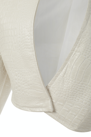 Pearl white faux crocodile leather blazer with a high neck collar and front cut out. 