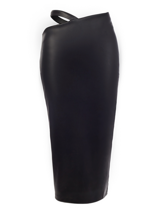 Asymmetrical faux leather midi skirt with waist band.