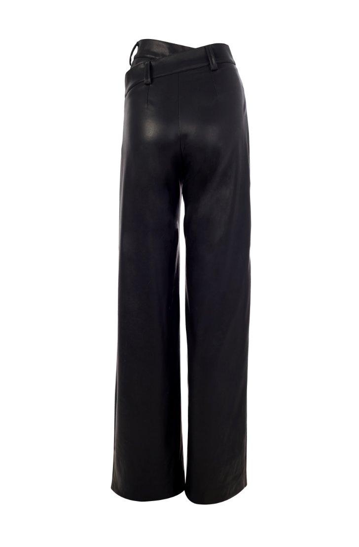 Asymmetrical double waistband pants made with black faux leather.   