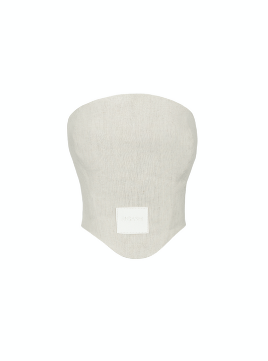 Dipped hem corset top with a round strapless neckline. Back panels held together by brown leather belt. Visible front leather tag with embossed logo print. 