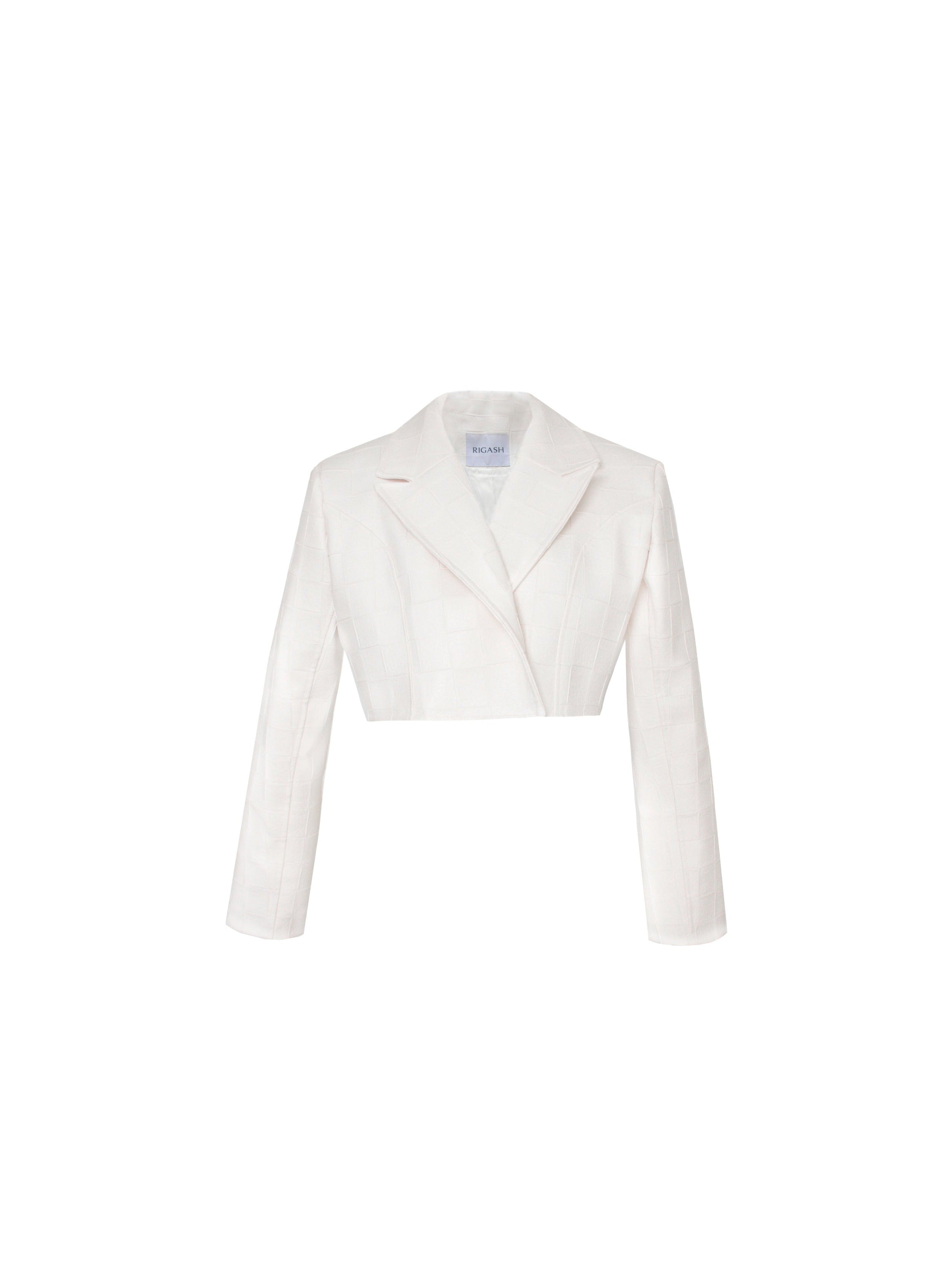 White checkered embossed cropped leather blazer.