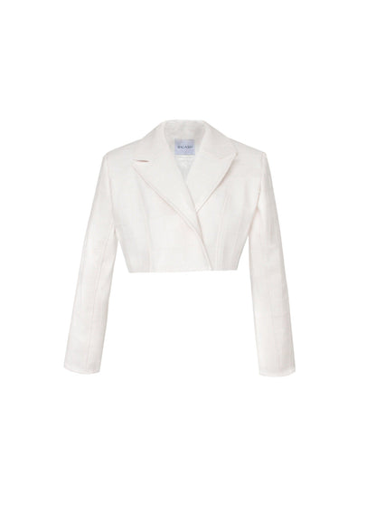White checkered embossed cropped leather blazer.