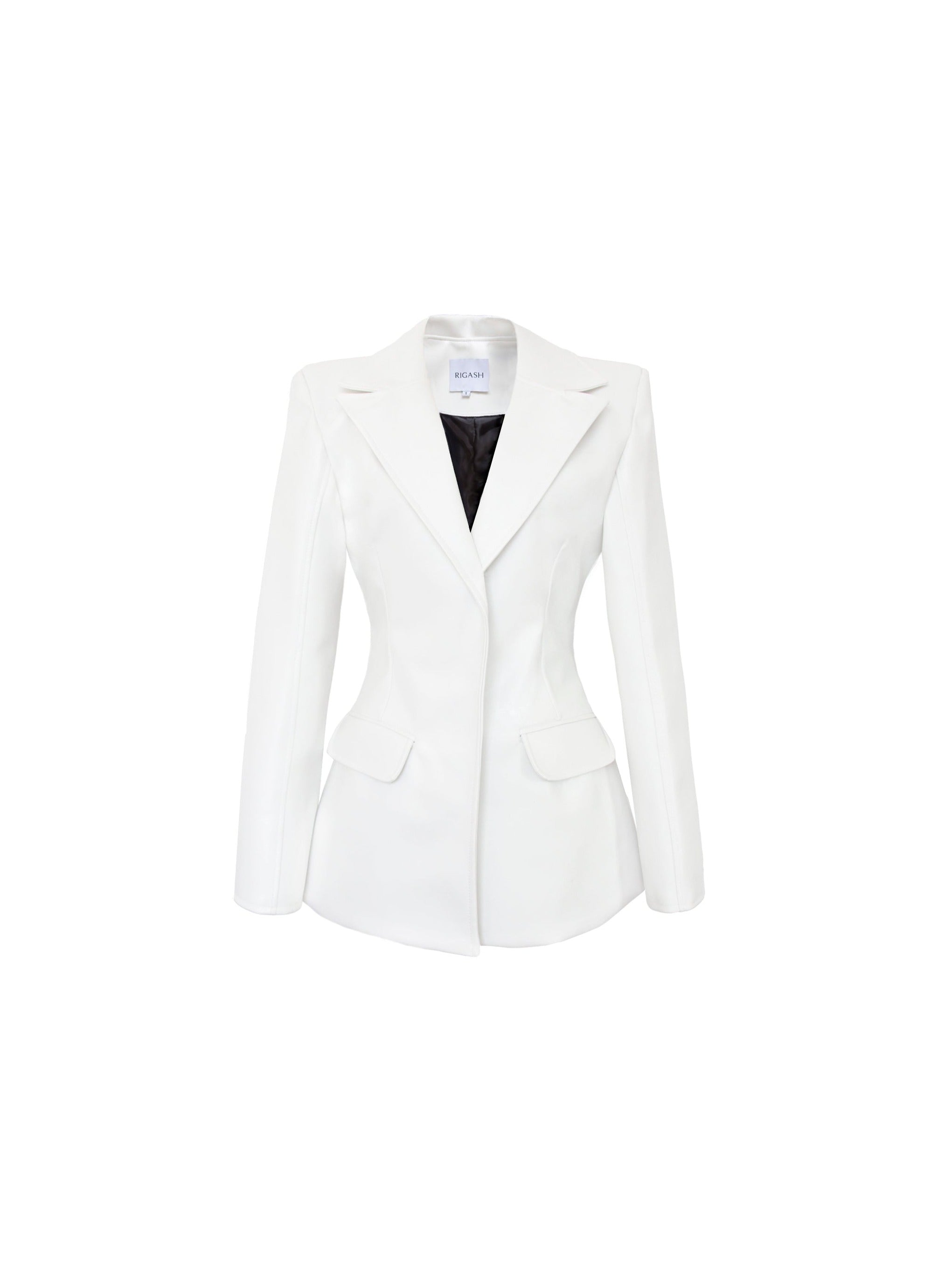 White fitted leather coat with exaggerated shoulders.
