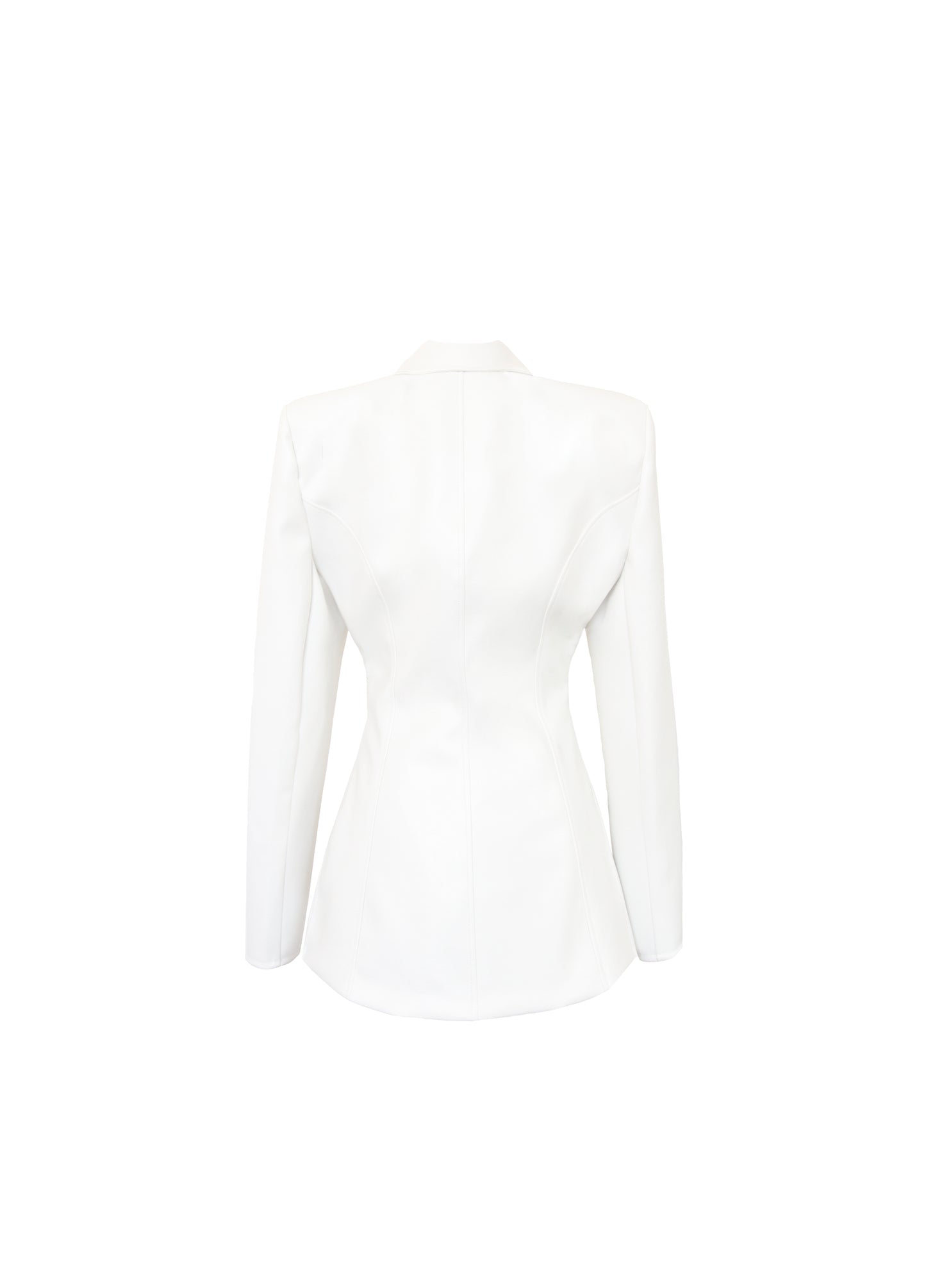 White fitted leather coat with exaggerated shoulders.