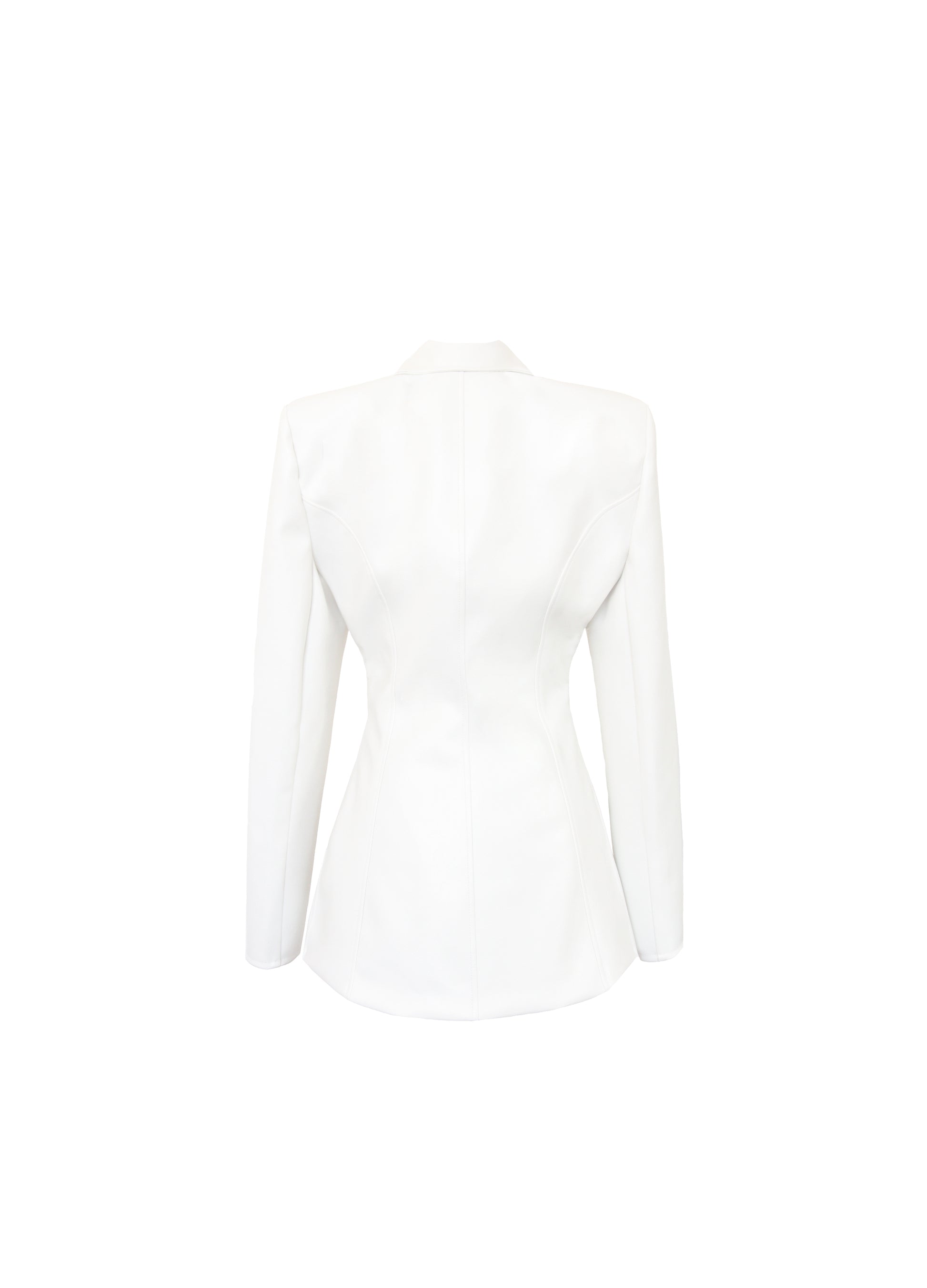 White fitted leather coat with exaggerated shoulders.