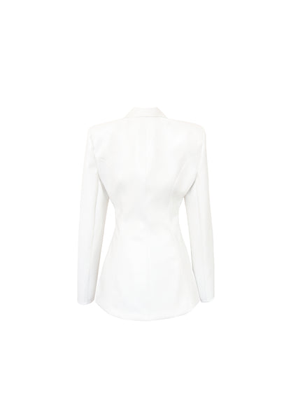 White fitted leather coat with exaggerated shoulders.